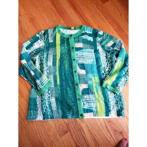 Bob Mackie Wearable Art XL Green Abstract Buttons Cardigan Sweater 3/4 Sleeves